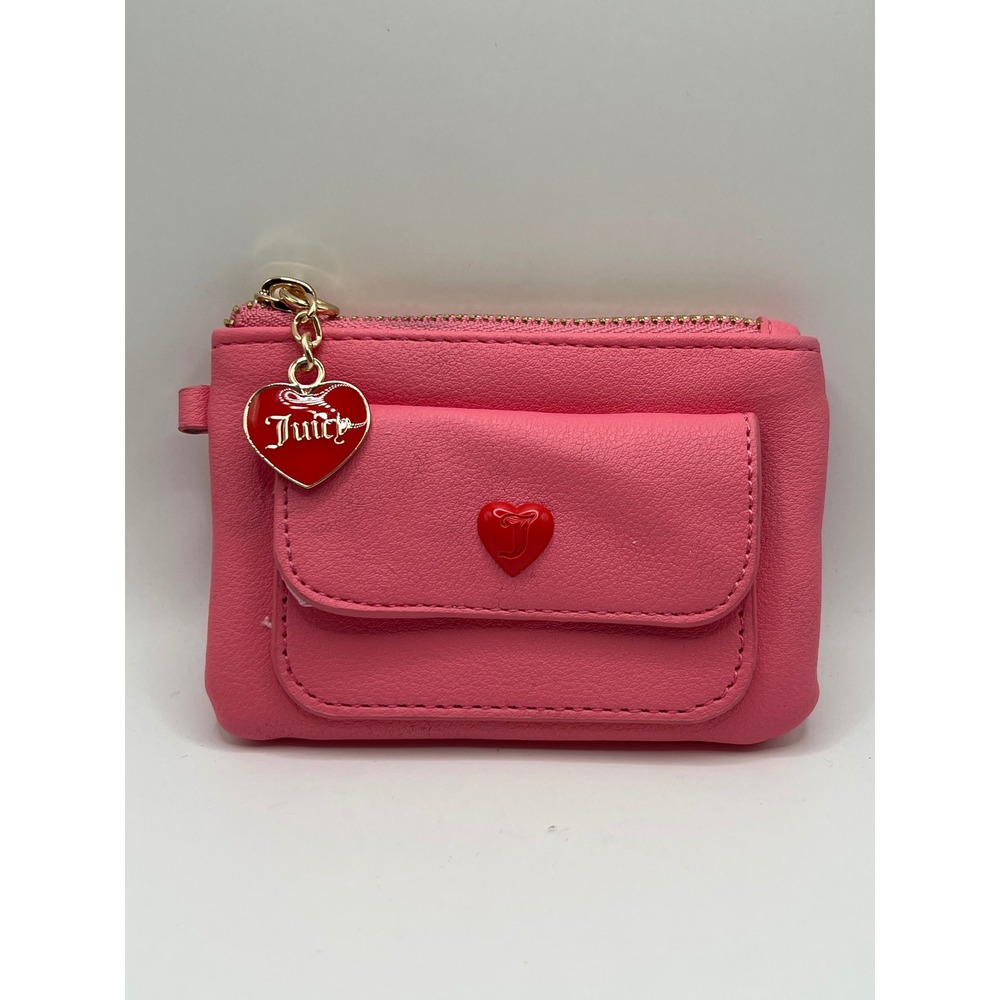 Juicy Couture Pink Faux Leather Heart Charm Coin Purse Zipper Pouch Wallet